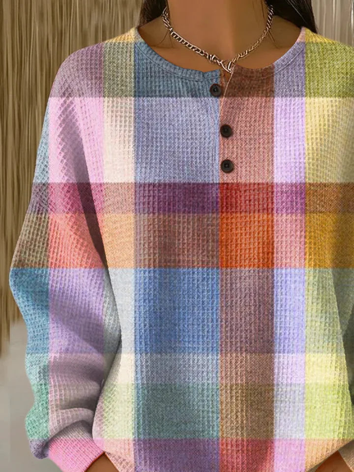 Women's Plaid Print Button-Up Casual Waffle Knit Sweatshirt