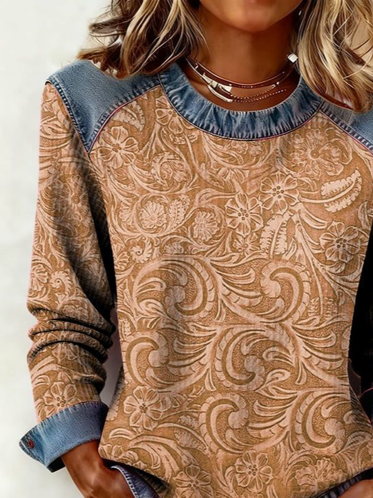 Women's Floral Print Patchwork Denim Crewneck Long-Sleeved Sweatshirt