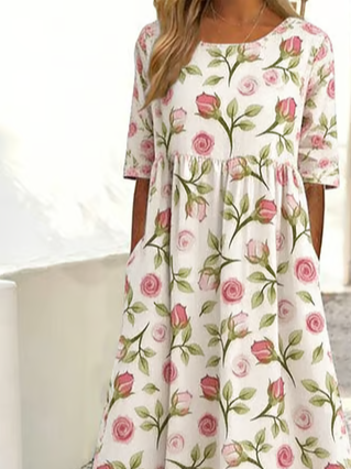 Floral Loose Casual Crew Neck Dress With No