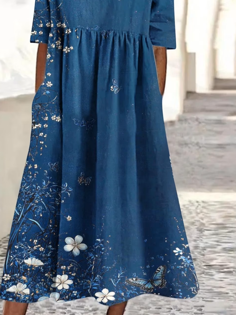 Crew Neck Loose Elegant Floral Dress With No