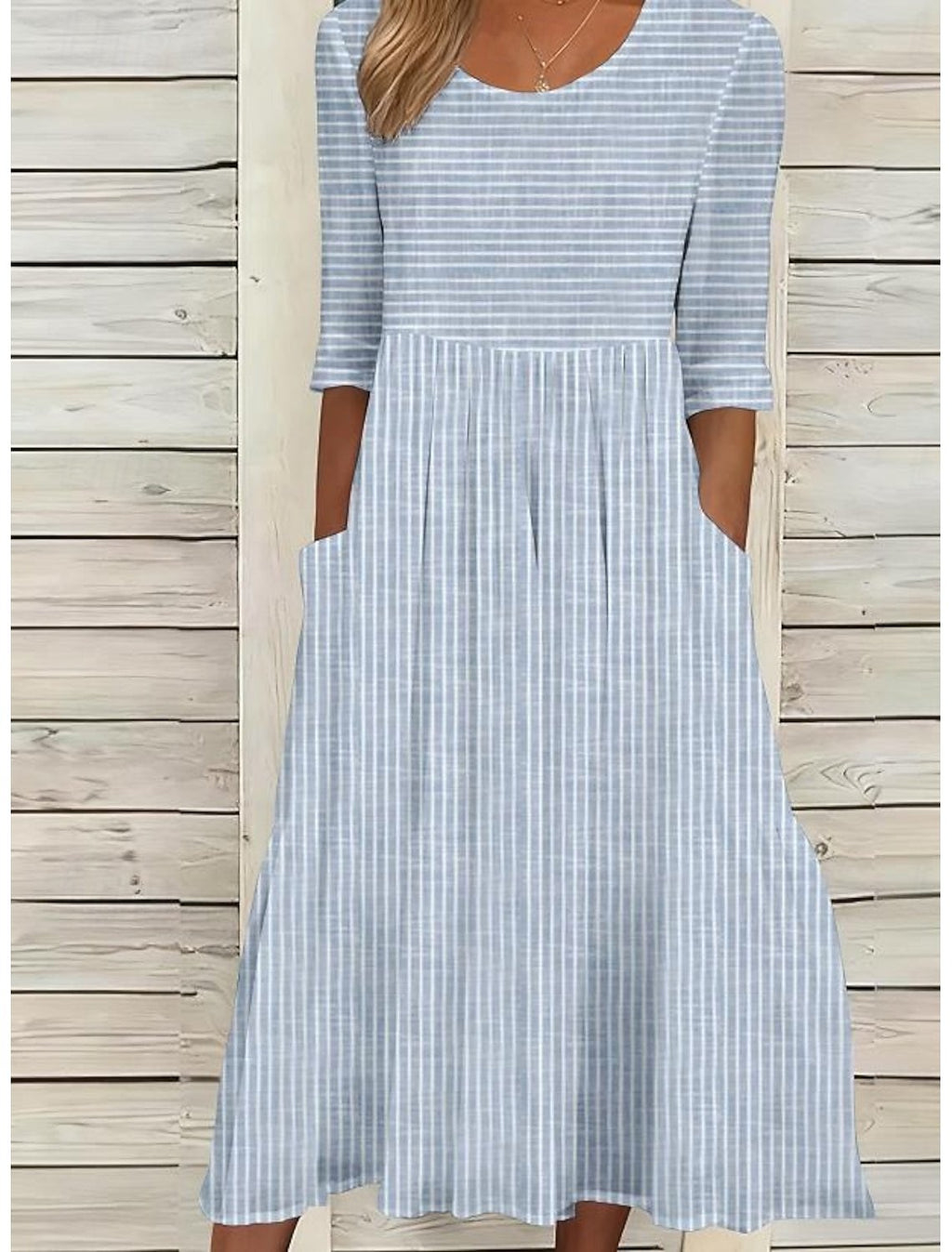 Loose Crew Neck Casual Striped Dress With No