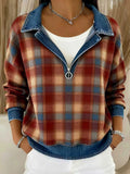 Plaid Color Block Denim Casual Loose Long Sleeve Zipper Going Out Casual Hoodie