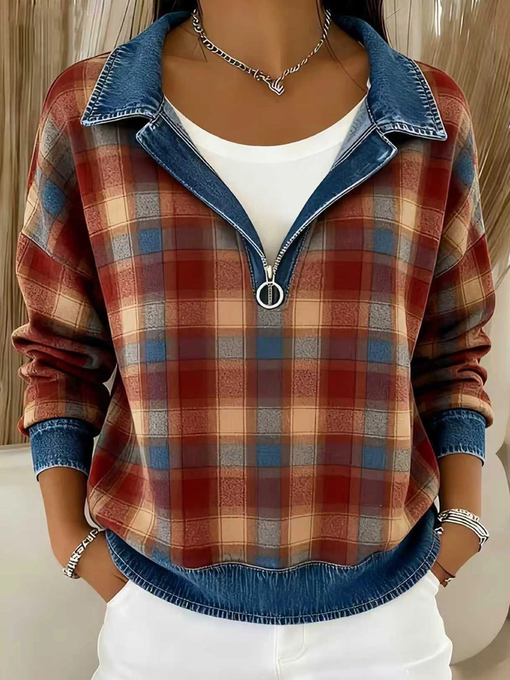Plaid Color Block Denim Casual Loose Long Sleeve Zipper Going Out Casual Hoodie