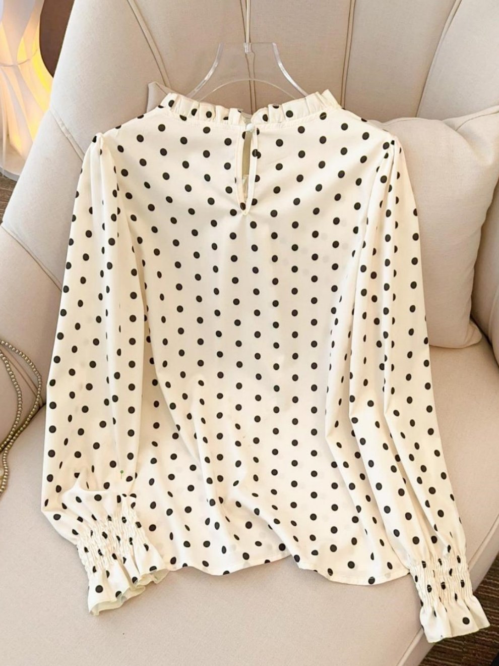 Women's Long Sleeve Shirt Spring/Fall Apricot Polka Dots Split Joint Lotus Leaf Collar Petal Sleeve Daily Going Out Casual Top
