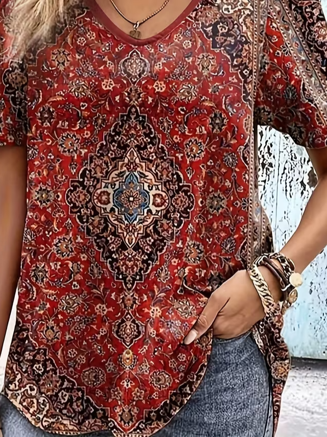 Women's Short Sleeve T-shirt Summer Red Ethnic Printing V Neck Holiday Going Out Vintage Top