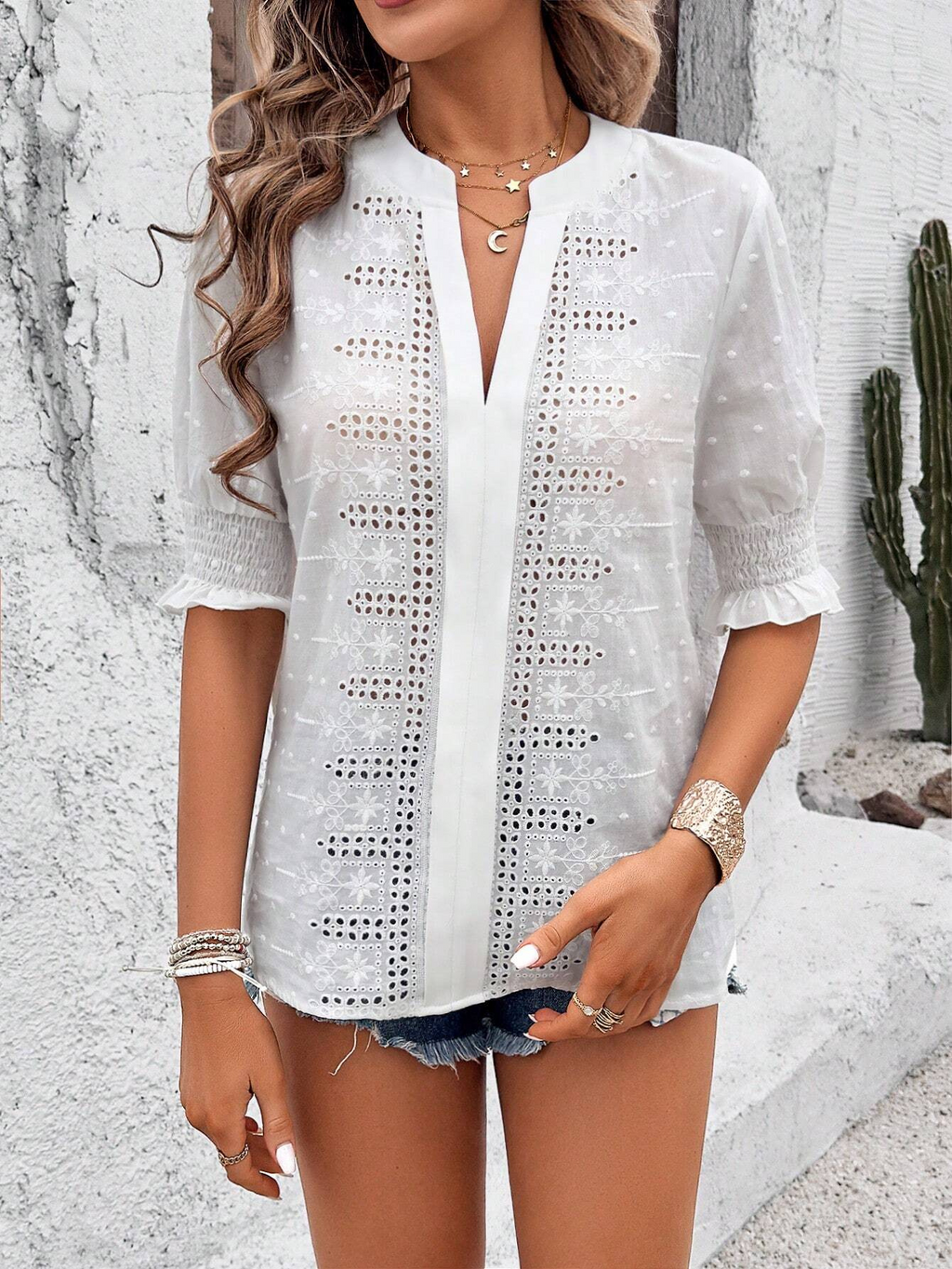 Embroidery Patterns V Neck Puff Short Sleeve Casual Blouse