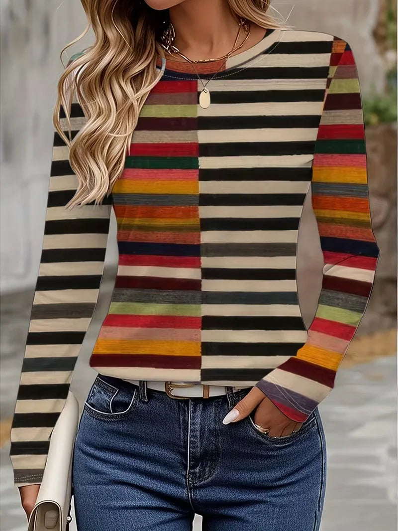 Women's Long Sleeve T-shirt Spring/Fall As Picture Striped Printing Jersey Crew Neck Daily Going Out Casual Top