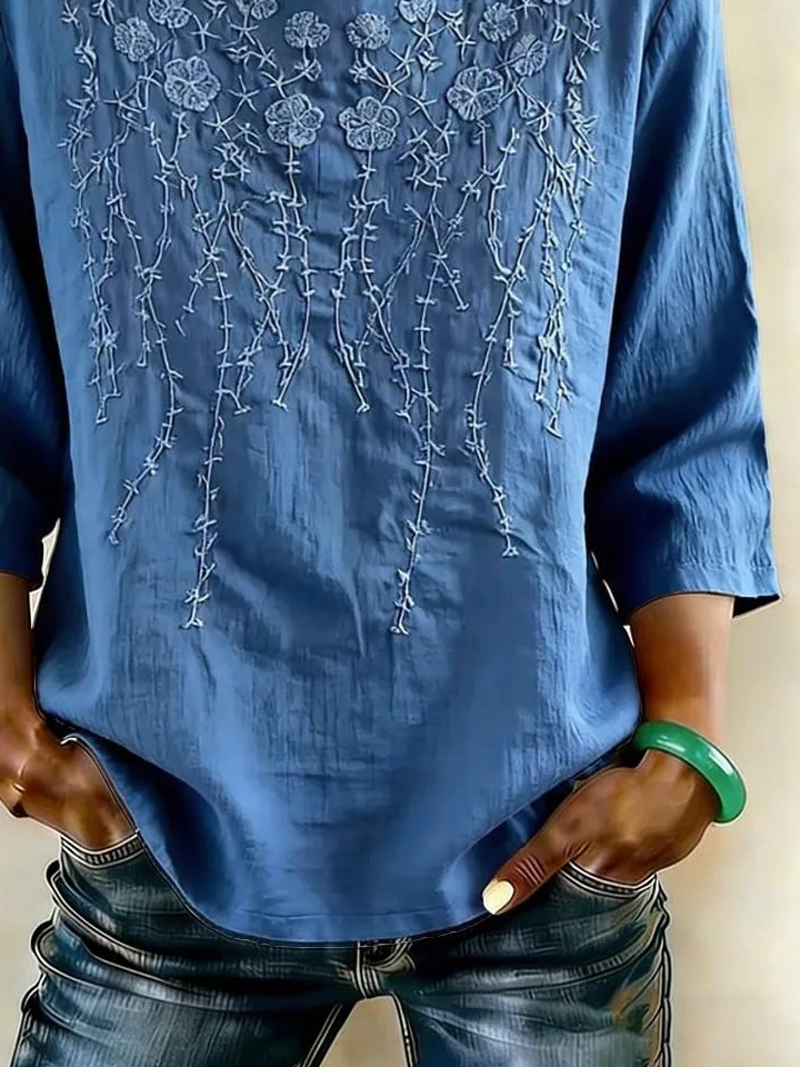 Loose Elegant Crew Neck Cotton And Linen Shirt