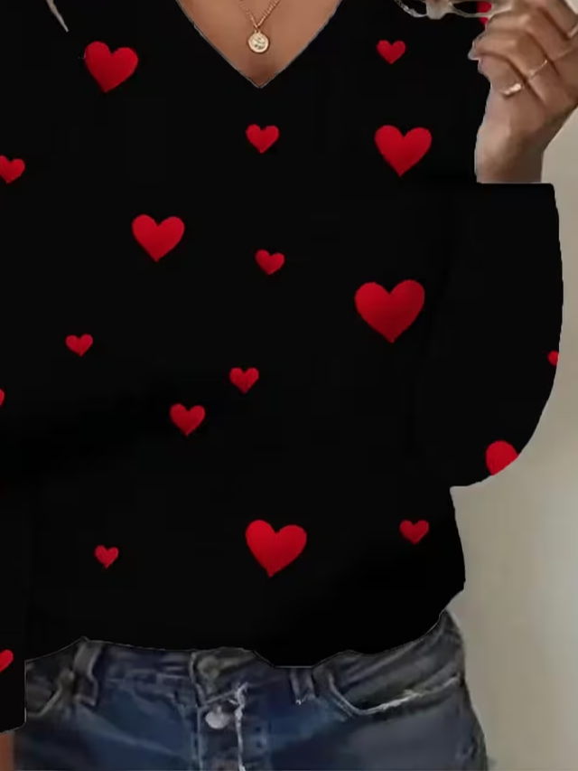 Women's Long Sleeve T-shirt Spring/Fall Black Heart/Cordate Printing Jersey V Neck Daily Going Out Casual Top