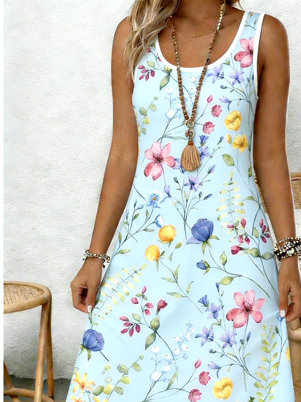 Casual Floral Cotton Crew Neck Dress With No
