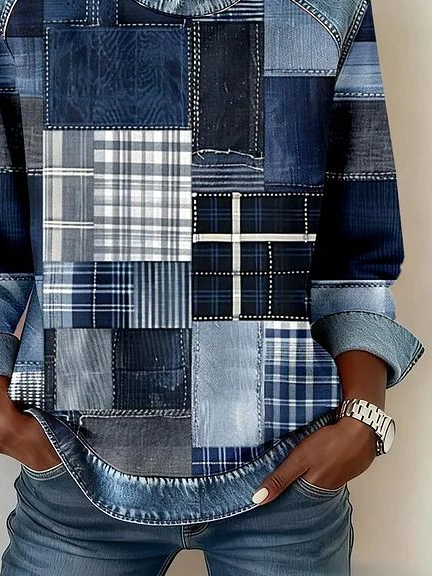 Women's Abstract Print Patchwork Denim Crewneck Long-Sleeved Sweatshirt