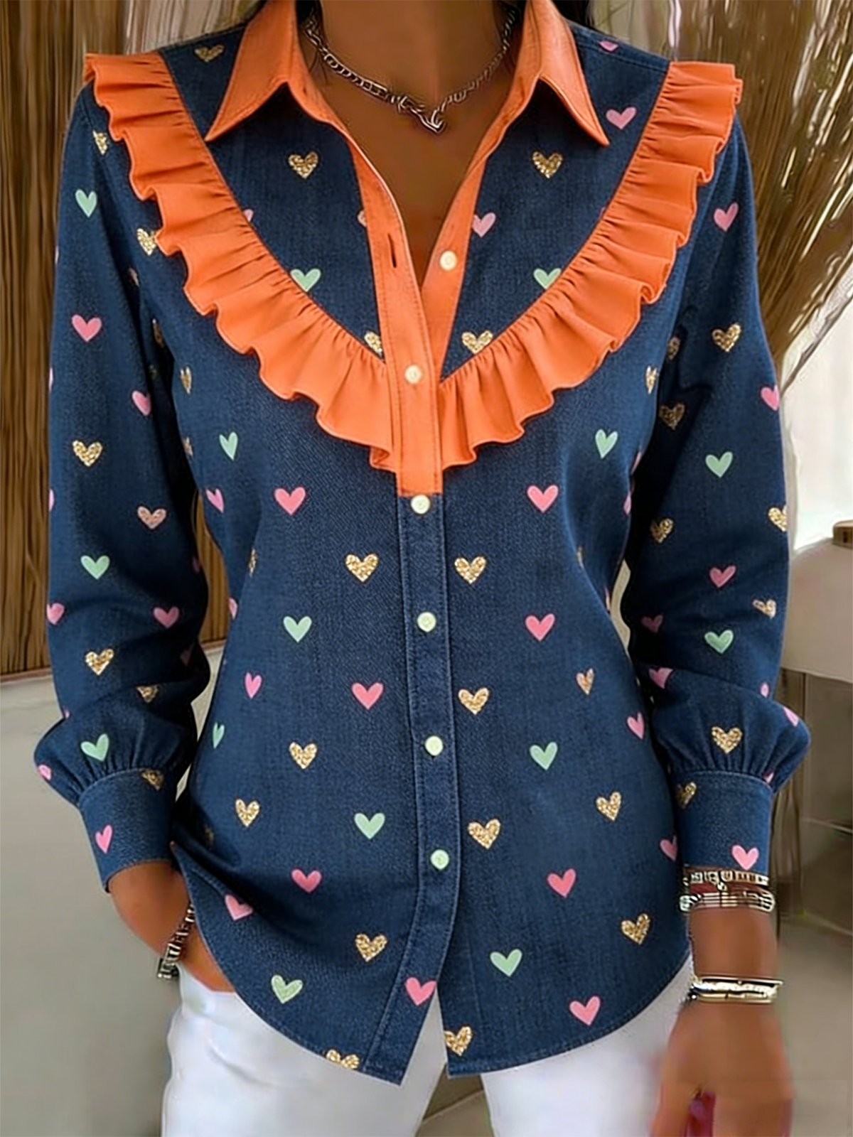 Geometric Loose Shawl Collar Romantic Shirt