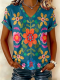 Women's Short Sleeve T-shirt Summer Blue Floral Printing V Neck Holiday Going Out Vintage Top