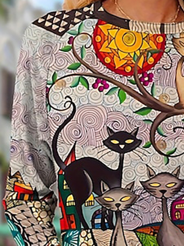 Cute Cat Design Round Neck Casual T-Shirt