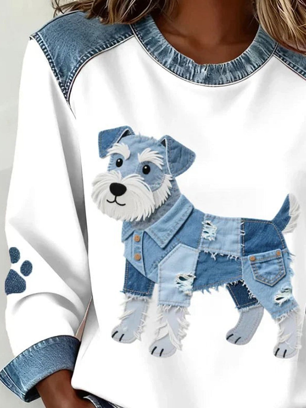 Denim Color Block Animal Crew Neck Long Sleeve Going Out Casual Sweatshirt