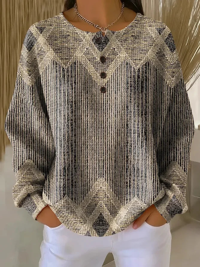 Women's Abstract Print Button-Up Casual Waffle Knit Sweatshirt
