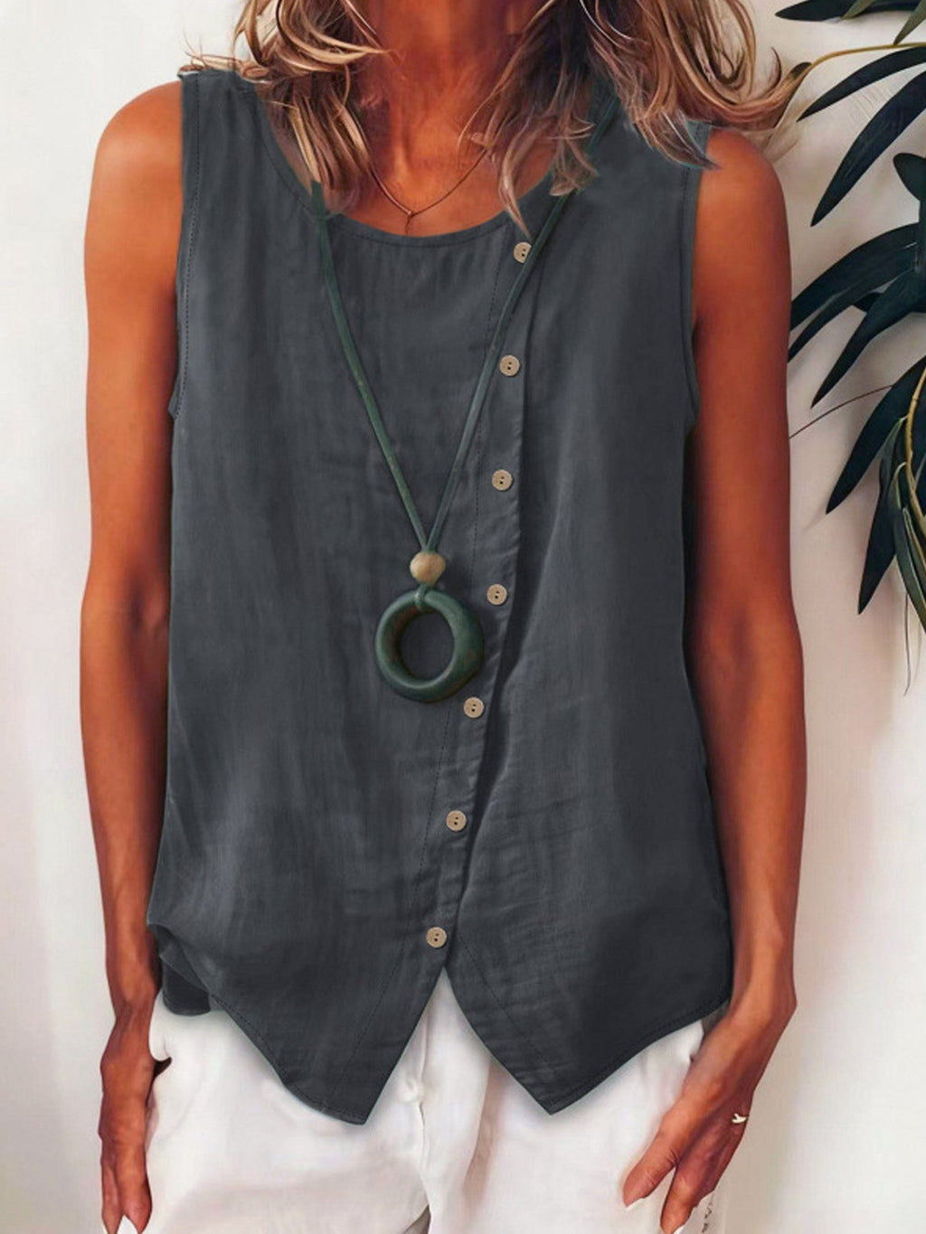 Plain Viscose Round Neck Sleeveless Button Summer Casual Boho Top