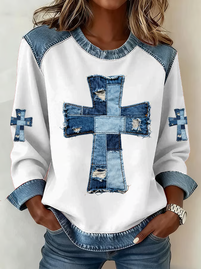 Women's Belief Print Patchwork Denim Crewneck Long-Sleeved Sweatshirt