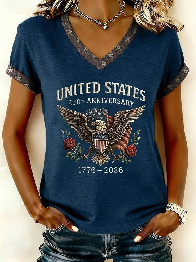Women's Short Sleeve T-shirt Summer Purplish Blue America Flag Printing V Neck Holiday Going Out Vintage Top