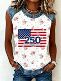 Women's 250th Anniversary Of The Founding Of the United States Short Sleeve T-shirt Summer Denim Color Block 3D Floral Printing Crew Neck Daily Going Out Casual Top