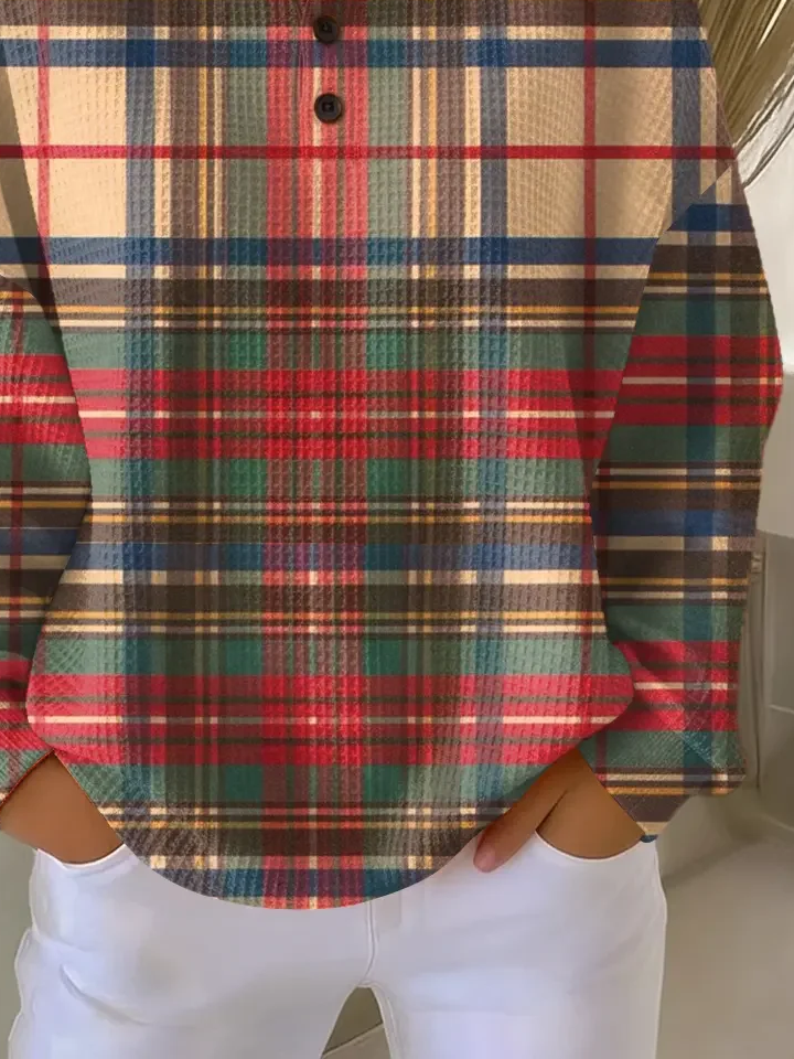 Women's Plaid Print Button-Up Casual Waffle Knit Sweatshirt