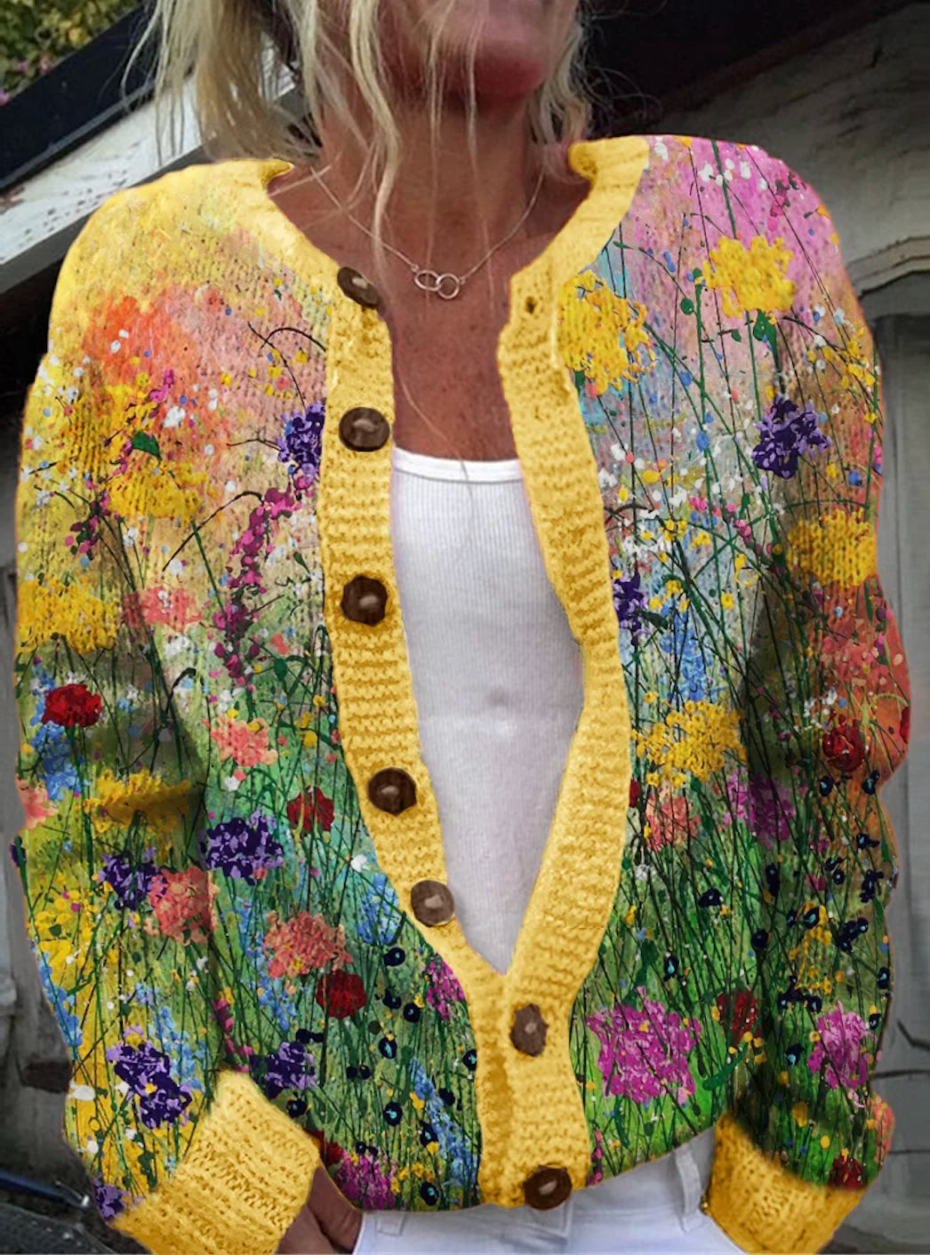 Retro plant flower button cardigan
