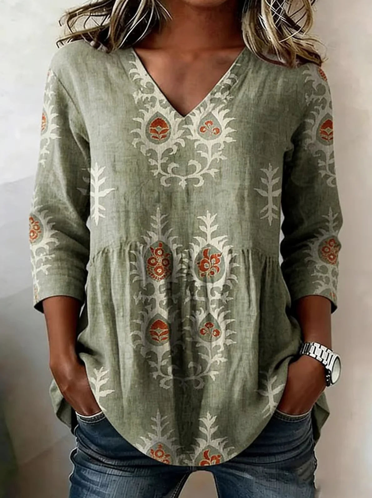 Women's V-Neck Long-Sleeve Printed Shirt with Pockets