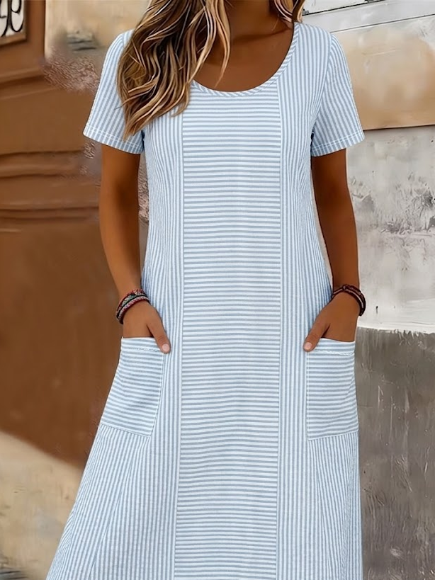 Women's Short Sleeve Summer Blue Striped Printing Crew Neck Daily Going Out Casual Maxi H-Line T-Shirt Dress Dress