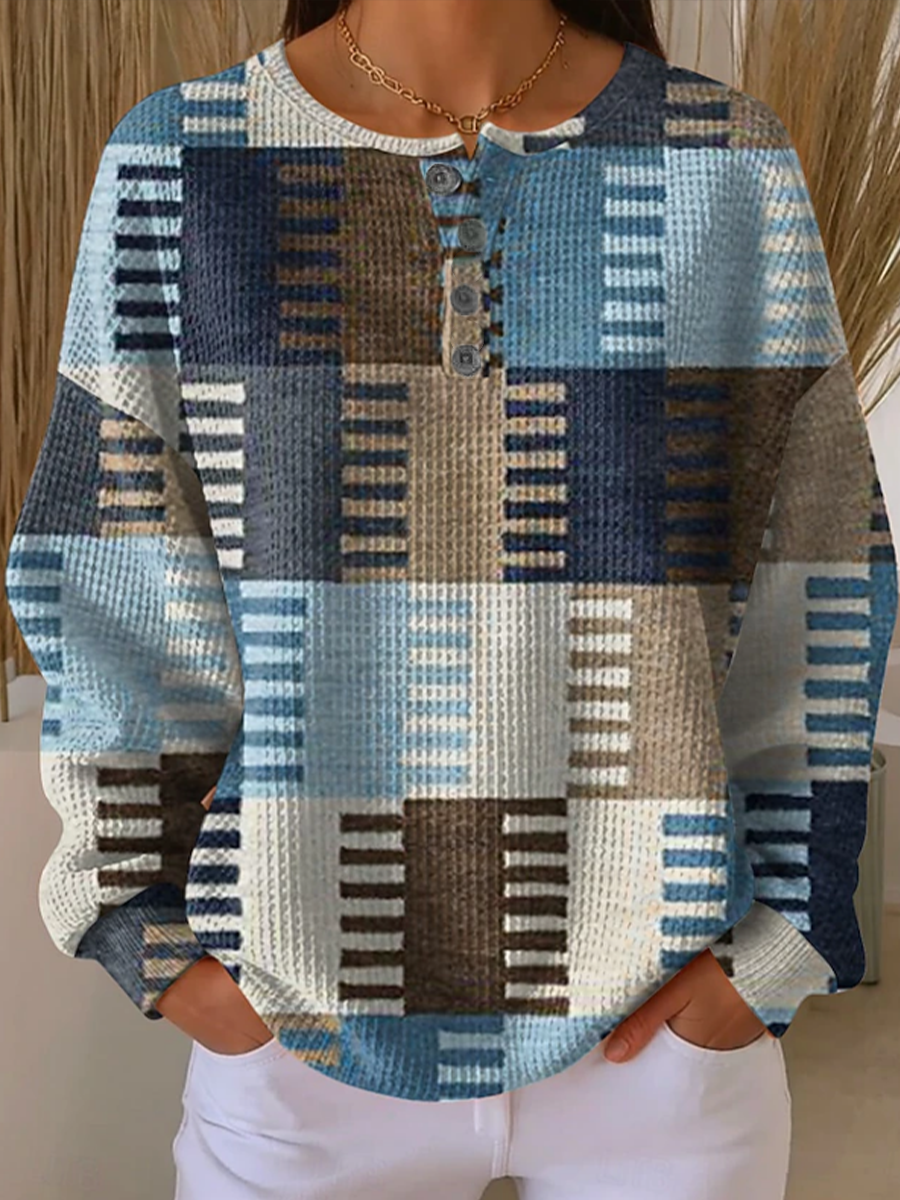 Women's Abstract Print Button-Up Casual Waffle Knit Sweatshirt