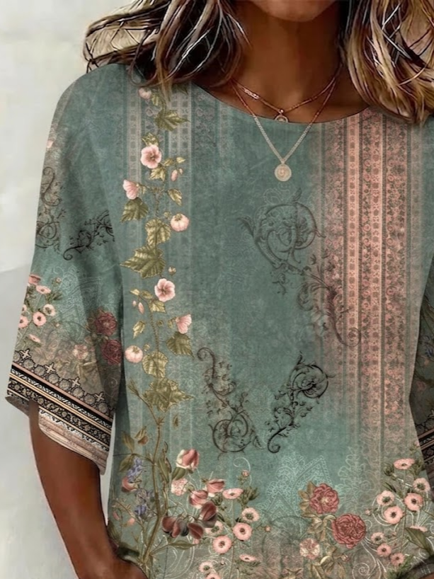 Women's Half Sleeve Blouse Summer Green Floral Printing Crew Neck Daily Going Out Vintage Top