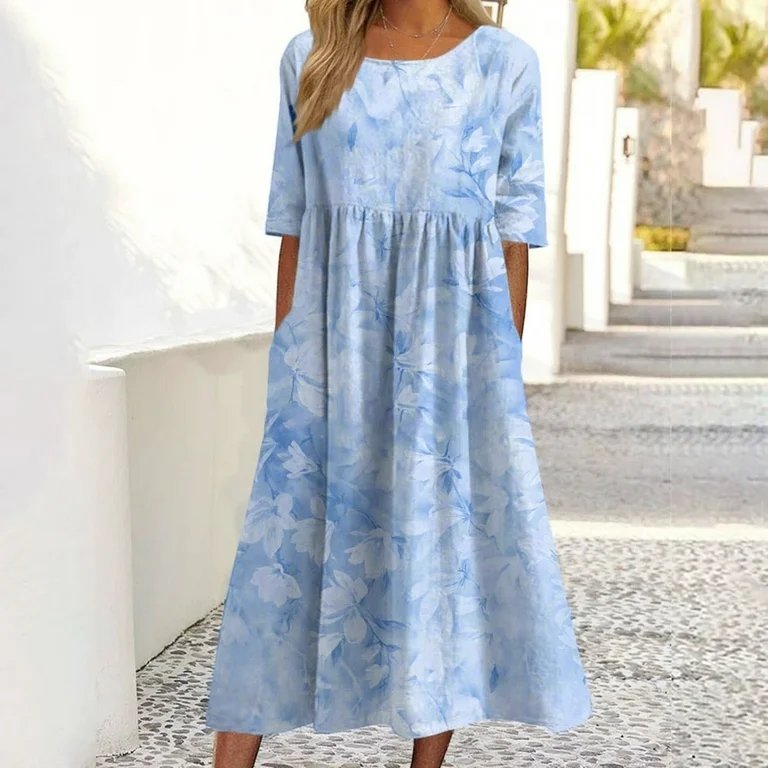 Loose Crew Neck Floral Casual Dress With No