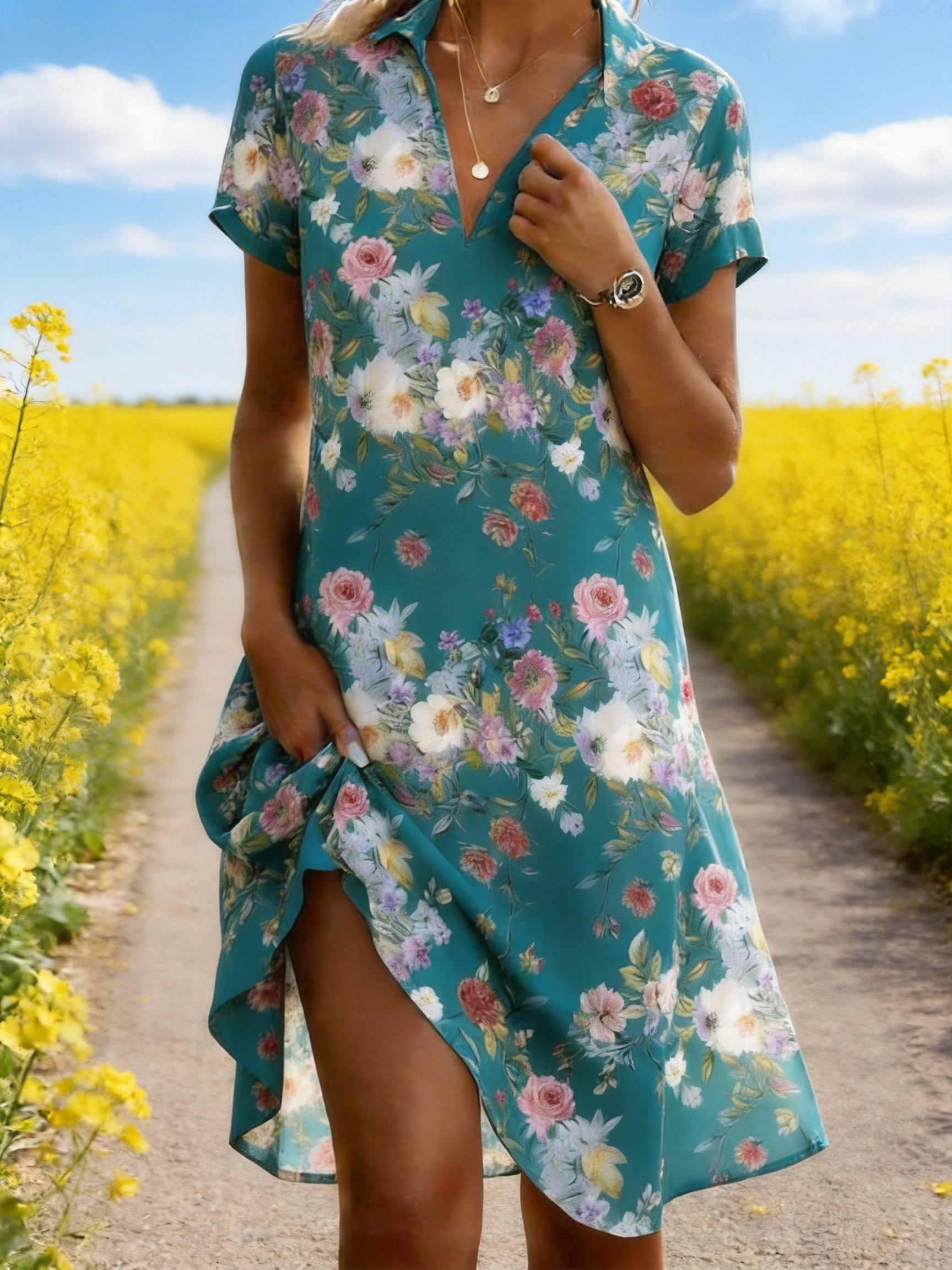 Floral Loose Shirt Collar Vacation Shirt Dress With No