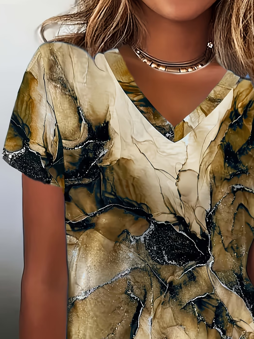 Women's Short Sleeve T-shirt Summer Brown Abstract Jersey V Neck Holiday Going Out Casual Top