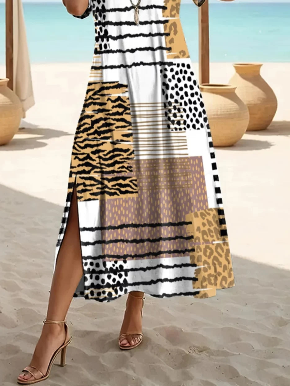 Women's Short Sleeve Summer As Picture Abstract Printing Crew Neck Daily Going Out Casual Maxi H-Line T-Shirt Dress Dress