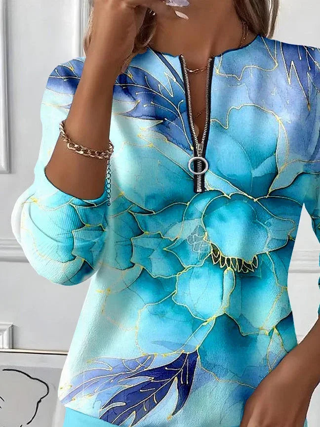 Women's Abstract Print Casual Zipper Long Sleeve Sweatshirt