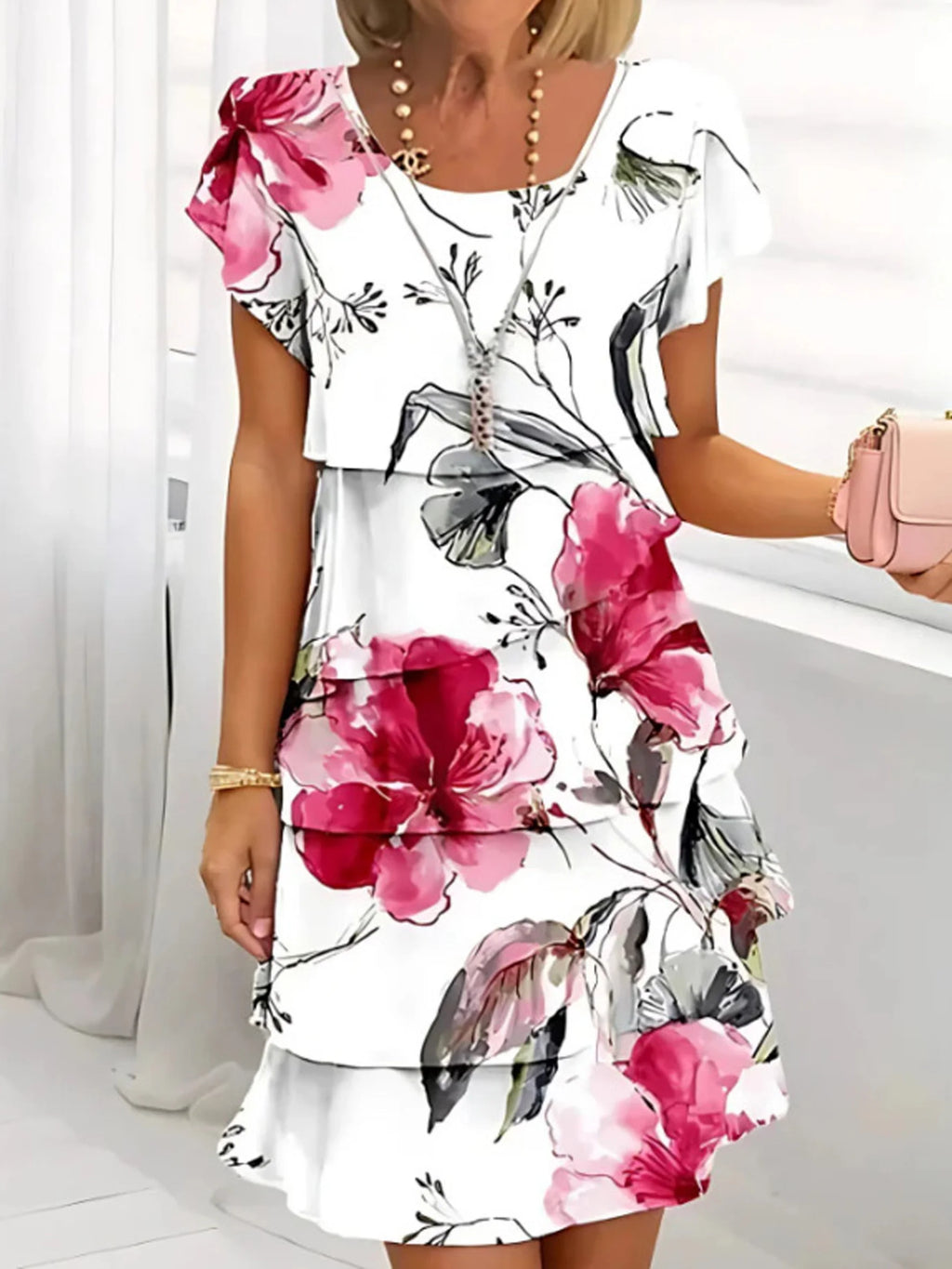 Floral Print Casual Crew Neck Short Sleeve Spring/Summer Chiffon Dress