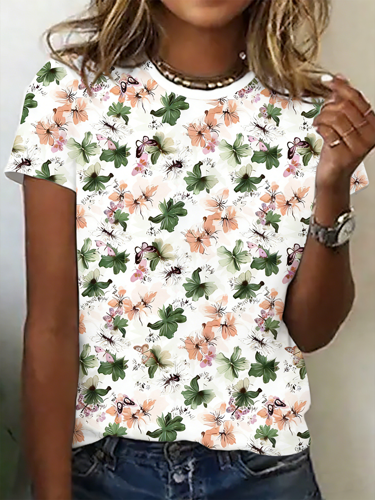 Cotton Casual Crew Neck Floral T-Shirt