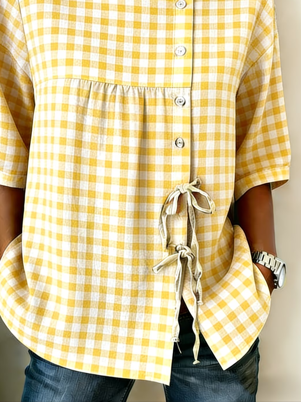 Women's Half Sleeve Shirt Summer Yellow Plaid Crew Neck Daily Going Out Vintage Top