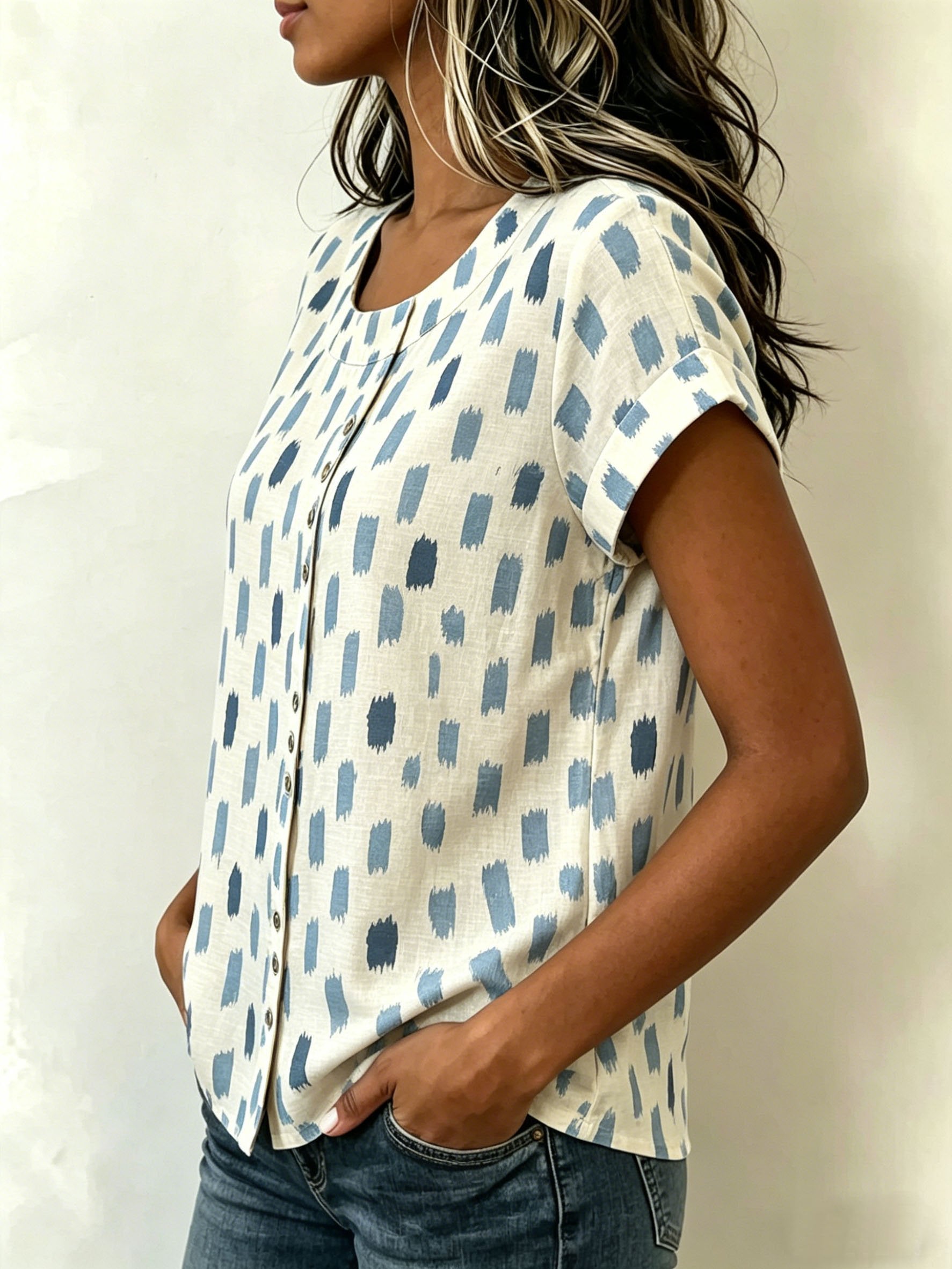Abstract Graphic Print Casual Linen Blend Crew Neck Short Sleeve Button Loose Casual Top