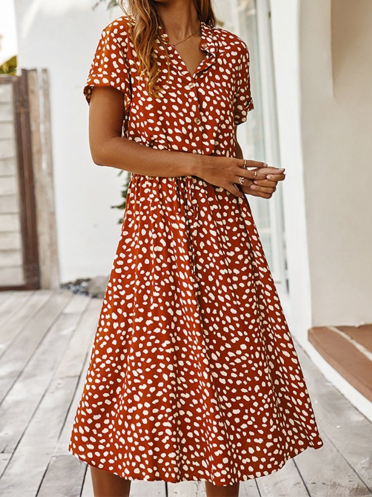 Women's Short Sleeve Summer Blue Polka Dots Split Joint V Neck Daily Going Out Vintage Maxi A-Line T-Shirt Dress Dress