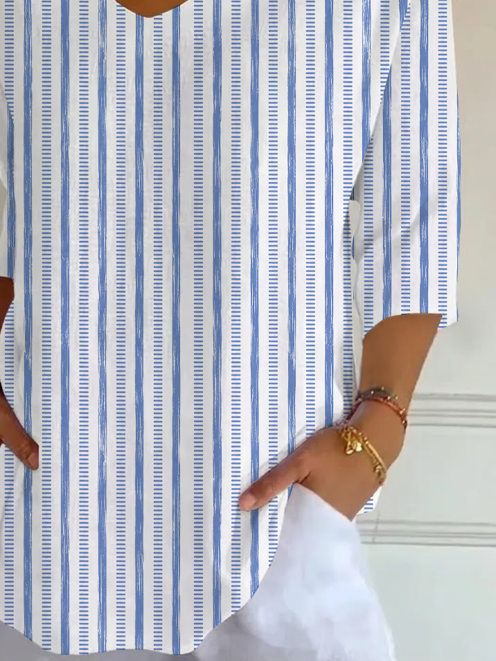 Women's Three Quarter Sleeve T-shirt Spring/Fall Blue Striped Printing V Neck Daily Going Out Casual Top