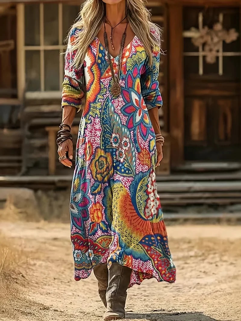 Women's Long Sleeve Spring/Fall As Picture Floral Printing V Neck Daily Going Out Vintage Maxi H-Line Dress