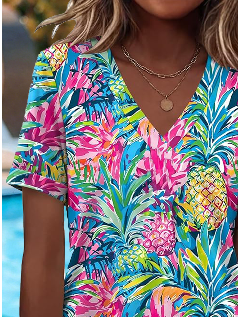 Tropical Regular Fit V Neck Elegant T-Shirt