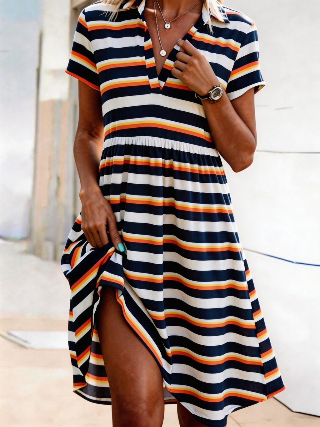 Women’s Striped V Neck Short Sleeve T Shirt Midi Dress Beach Vacation Dress