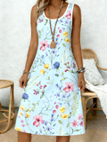 Casual Floral Cotton Crew Neck Dress With No