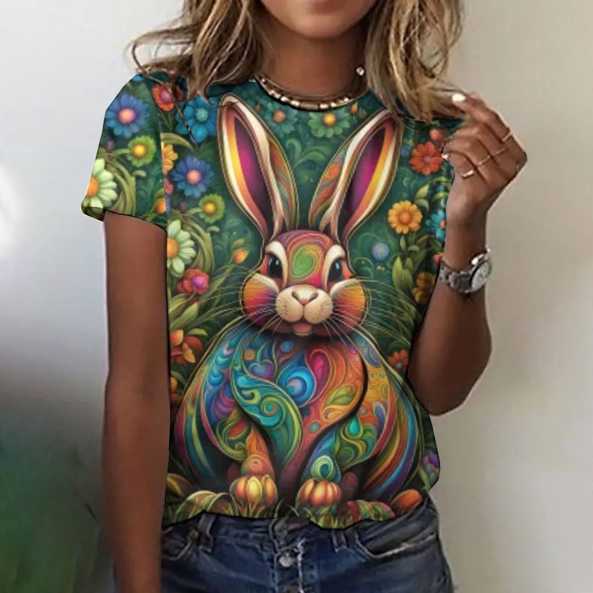 Retro style cute rabbit print short sleeved T-shirt