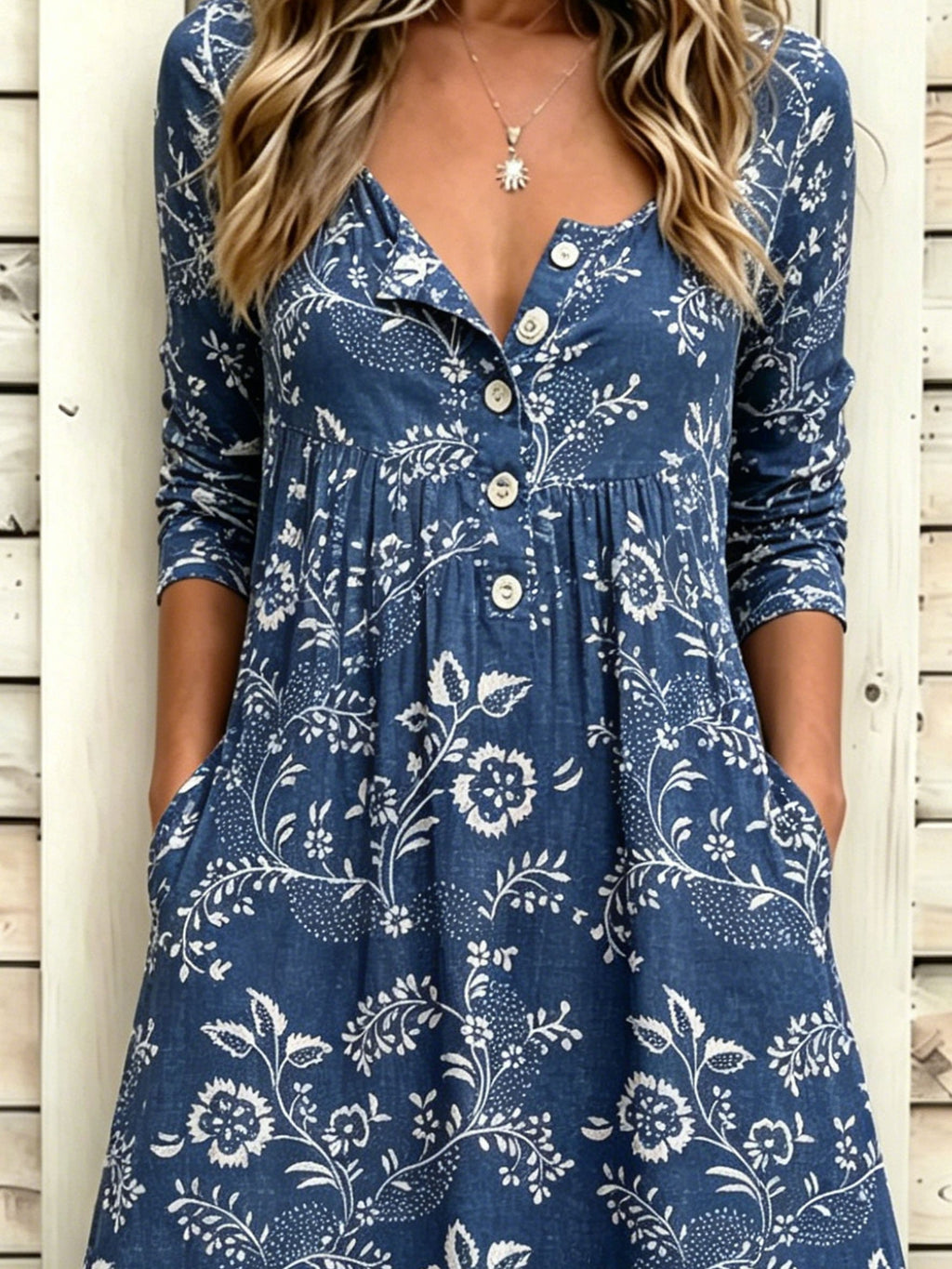Denim Blue Floral Print Half Sleeve Round Neck Button A-Line Vintage Casual Dress