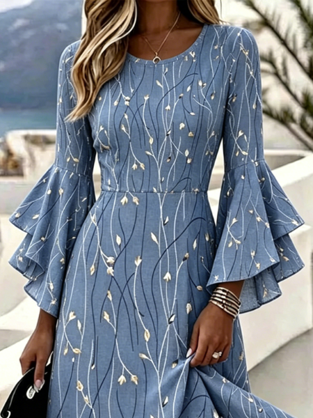 Blue Gold Leaf Print V-Neck Flare Sleeve Midi Dress for Women