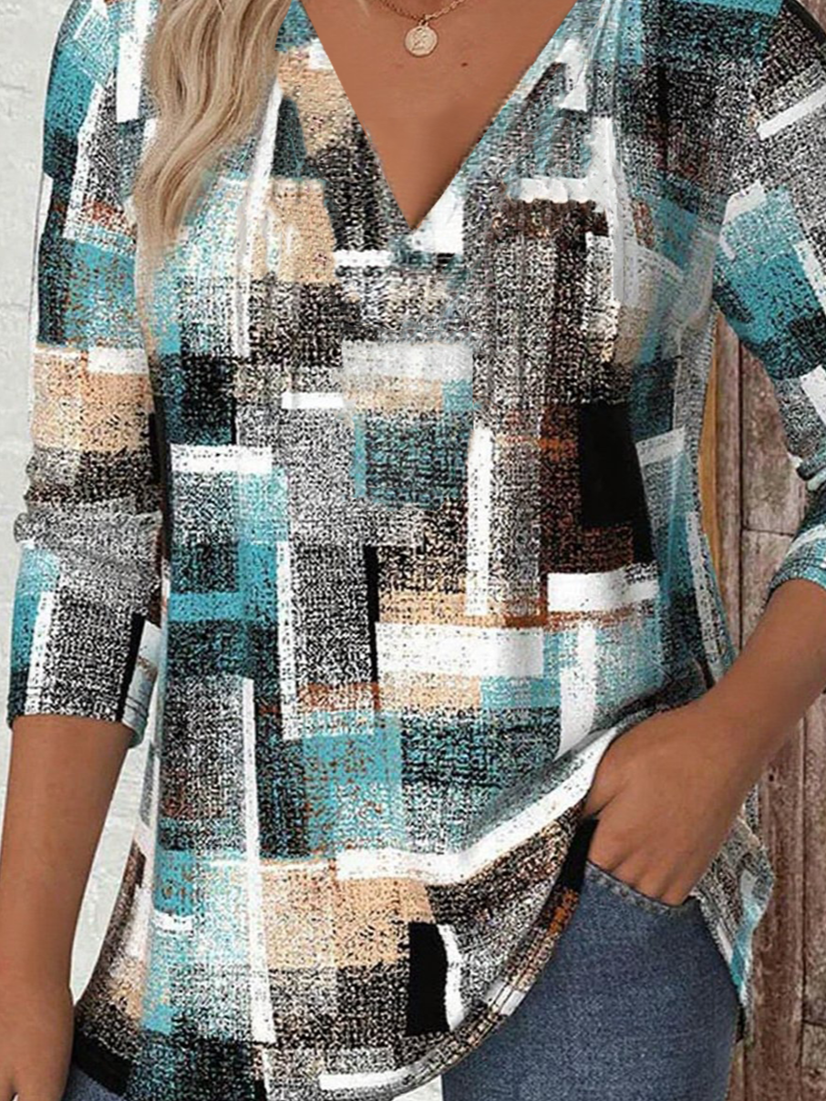 Print Casual V Neck Long Sleeve T-Shirt