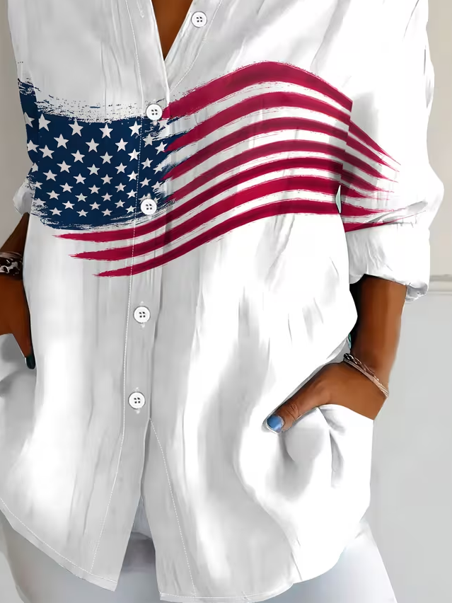 Women's Long Sleeve Shirt Spring/Fall White America Flag Buckle Shirt Collar Regular Sleeve Daily Going Out Casual Top